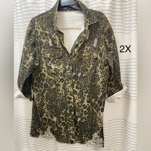Leopard Print Distressed Button-Up Shacket